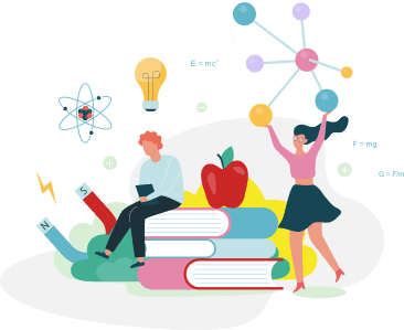 Image illustrative qui représente deux personnes entourés d'éléments reliés à l'apprentissage (Ampoule, livre scolaires, pomme, atomes, molécules)