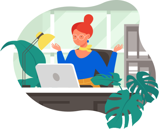 Image illustrative d'une personne heureuse qui est assise à son bureau et qui travail sur son ordinateur portable. Cette personne est entourée de plantes d'intérieur.
