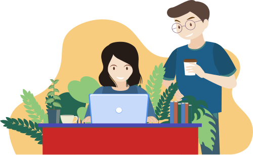 Image illustrative de deux personnes. Vue de face, l'une travaille sur un ordinateur portable pendant que l'autre la regarde attentivement, une tasse de café à la main.